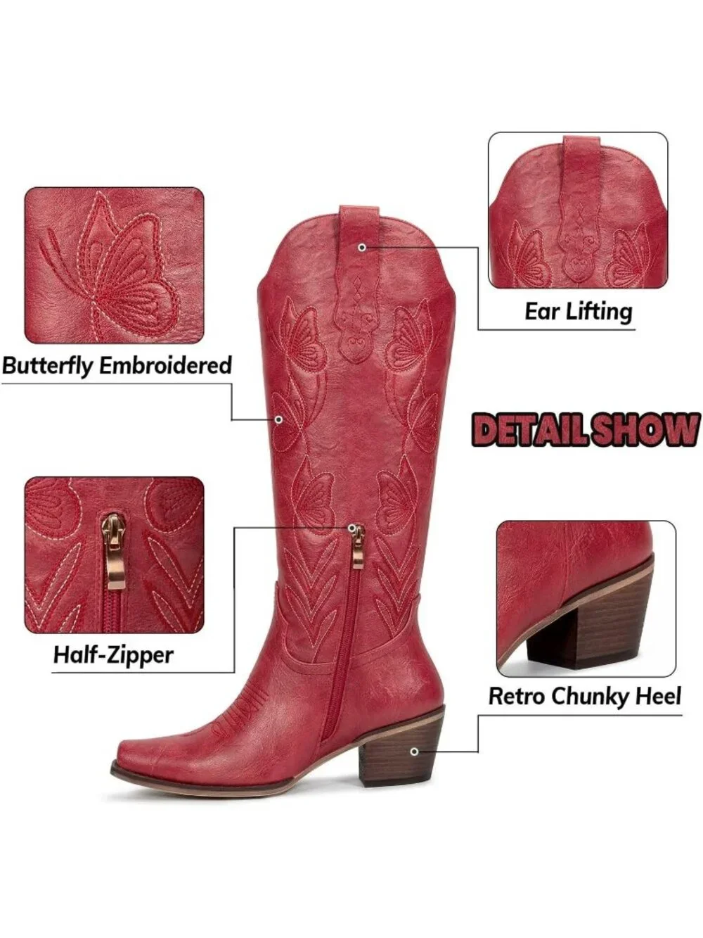 Women's Retro Red Butterfly Faux Leather Knee High Western Style Cowgirl Boots